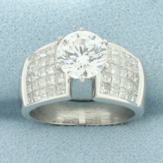 Invisible Set Diamond And Cz Engagement Ring In 14k White Gold