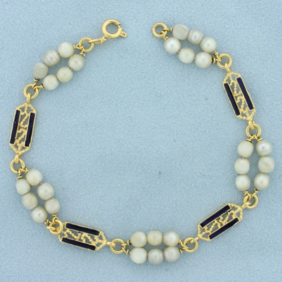 Italian Vintage Pearl Enamel Bracelet In 18k Yellow Gold