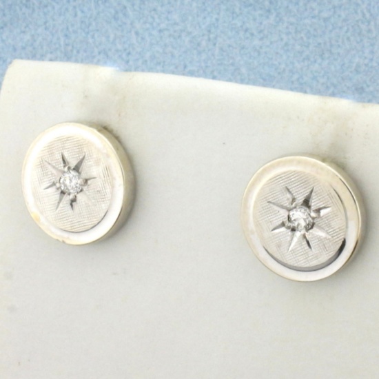 Diamond Star Design Button Earrings In 14k White Gold