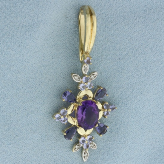 Aquamarine, Amethyst, Tanzanite, And Diamond Pendant In 10k Yellow Gold