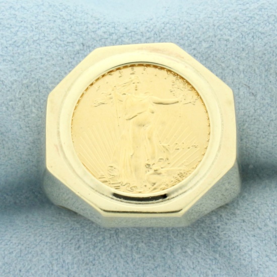 Mens American Eagle Gold Coin Ring In 14k Yellow Gold