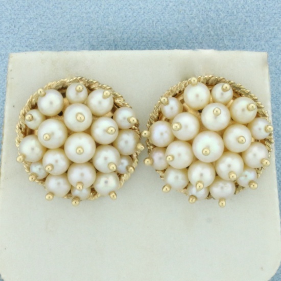 Vintage Pearl Pincushion Button Earrings In 14k Yellow Gold