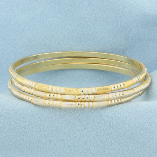 Two Tone Stacking Bangle Bracelets Set Of 3 In 21k Yellow & White Gold