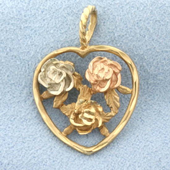Rose Heart Pendant In 14k Yellow, White, And Rose Gold