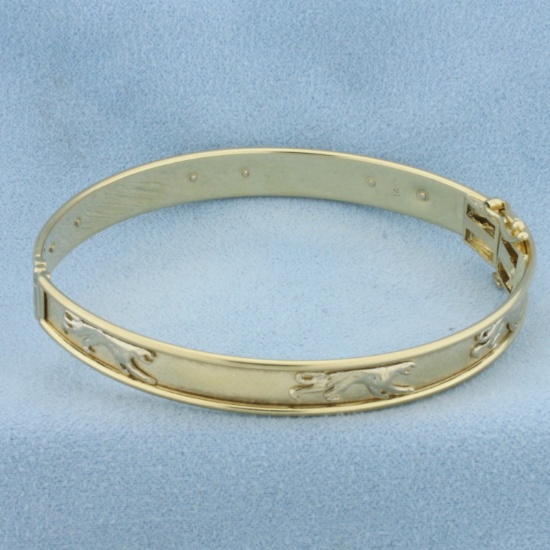 Hinged Panther Cougar Bangle Bracelet In 14k Yellow Gold.
