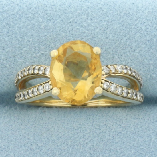 Citrine And Diamond Split Shank Ring In 14k Yellow Gold