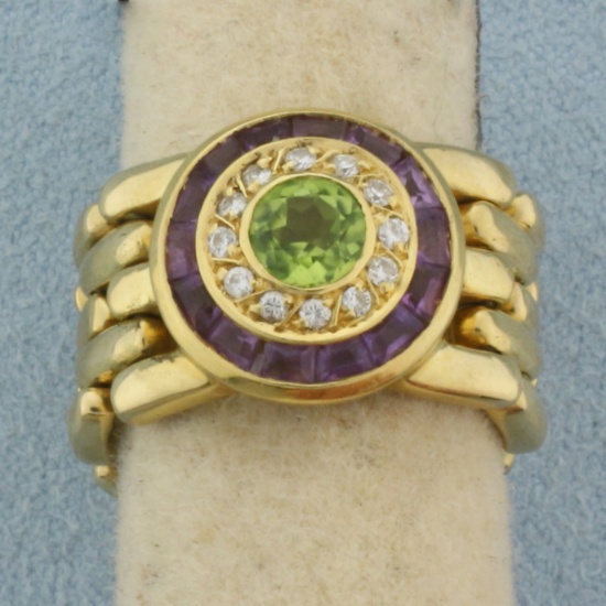 Peridot, Amethyst And Diamond Flexible Panther Link Ring In 18k Yellow Gold