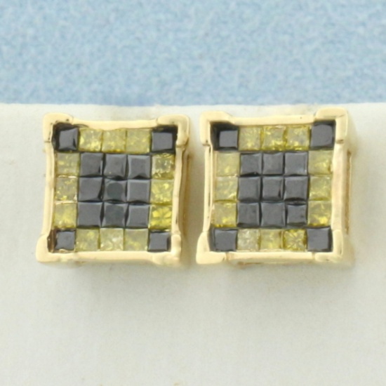 Black And Fancy Yellow Diamond Screw-back Earrings In 14k Yellow Gold