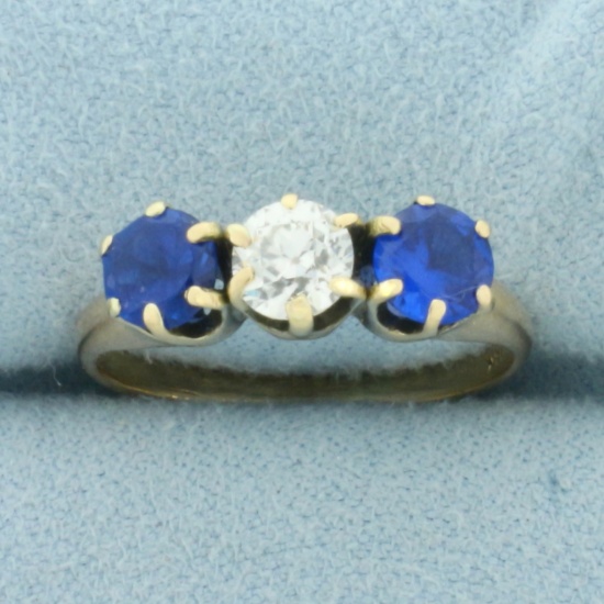 Antique Old European Diamond And Sapphire 3-stone Ring In 14k Yellow Gold