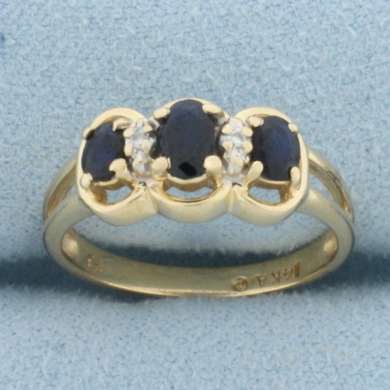 Midnight Sapphire And Diamond 3 Stone Ring In 14k Yellow Gold