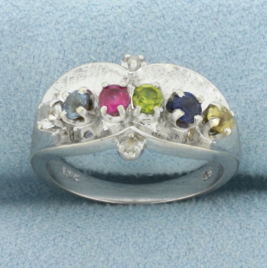 Multi Gemstone And Diamond Ring In 10k White Gold