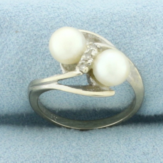 Cultured Akoya Pearl And Diamond Toi Et Moi Ring In 14k White Gold