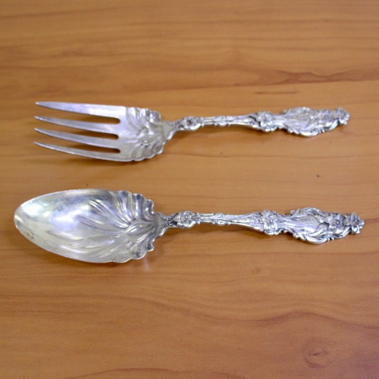 Whiting "lilly" Solid Salad Serving Spoon And Fork Set In Sterling Silver