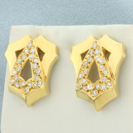 Unique Abstract Designer Cz Earrings In 18k Yellow Gold