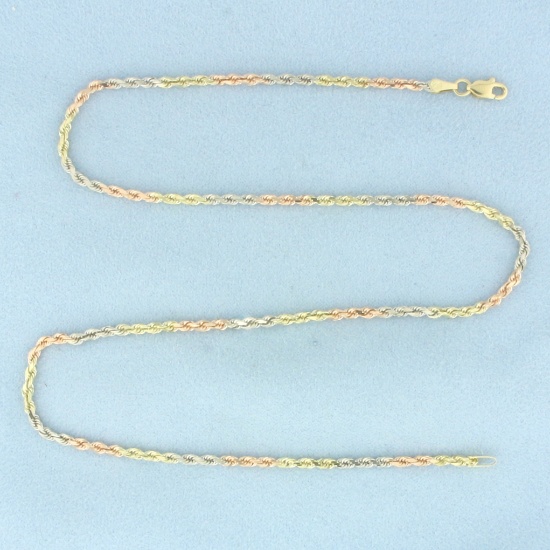16 Inch Tri-color Rope Link Chain Necklace In 14k Yellow, Rose, And White Gold
