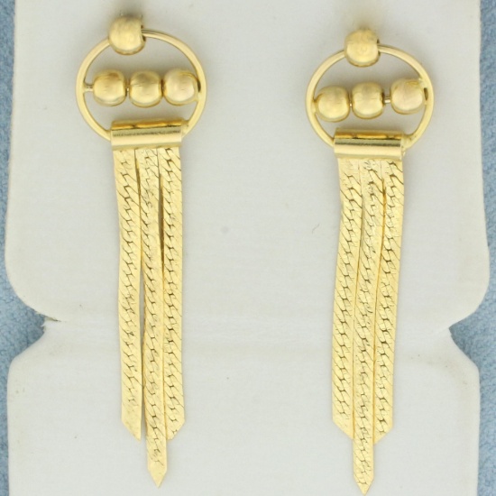 Reversable Herringbone Ball Bead Dangle Earrings In 14k Yellow Gold