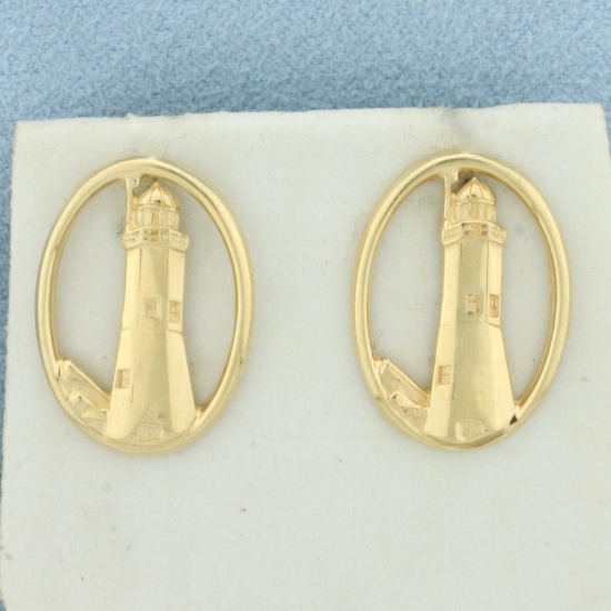 Lighthouse Nautical Button Earrings In 14k Yellow Gold