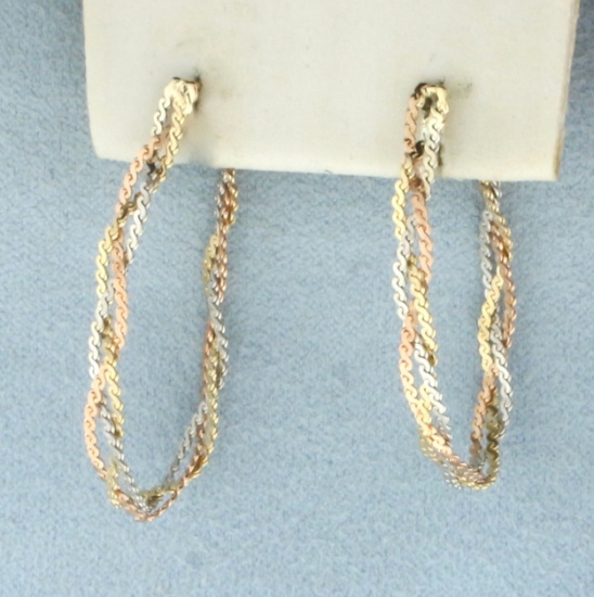 Tri-color Braided S-link Front To Back Hoop Earrings In 14k Yellow, Rose, And White Gold