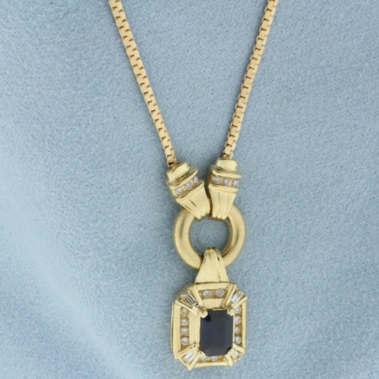 Sapphire And Diamond Italian Door Knocker Necklace In 14k Yellow Gold