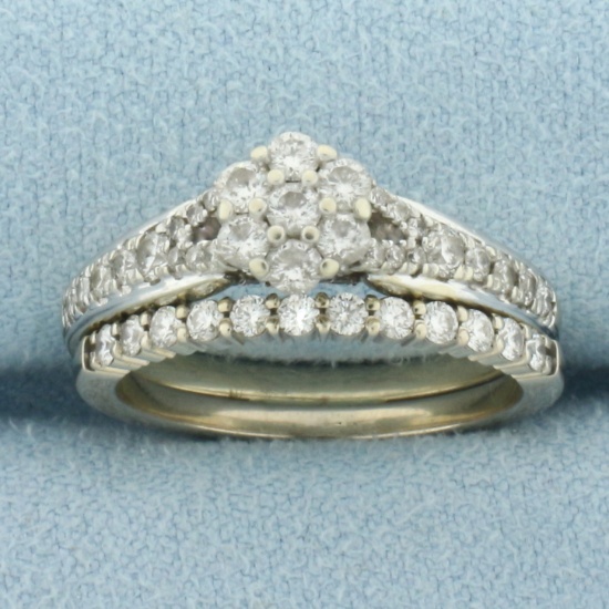 Diamond Flower Design Engagement And Wedding Ring Bridal Set In 10k White Gold