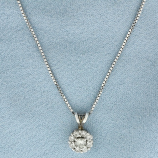 Diamond Halo Necklace In 14k White Gold
