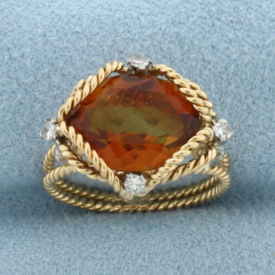 Citrine And Diamond Rope Design Ring In 18k Yellow Gold