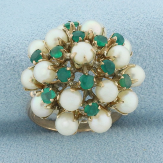 Vintage Emerald And Akoya Pearl Cocktail Ring In 14k Yellow Gold