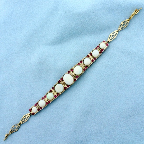 Antique Opal And Ruby Bracelet In 14k Yellow Gold And Sterling Silver