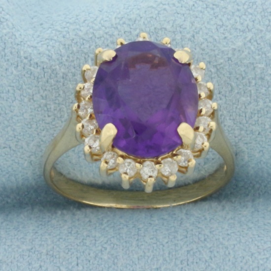 Amethyst And Diamond Halo Princess Diana Ring In 14k Yellow Gold
