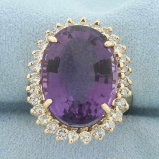 Large Amethyst And Diamond Halo Princess Diana Ring In 14k Yellow Gold