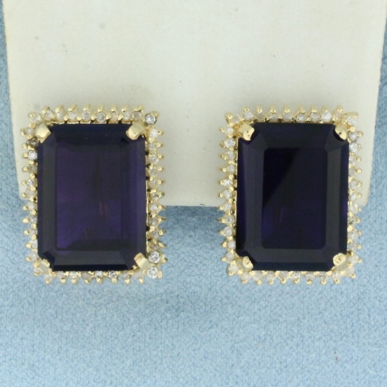 Large Amethyst And Diamond Halo Earrings In 14k Yellow Gold