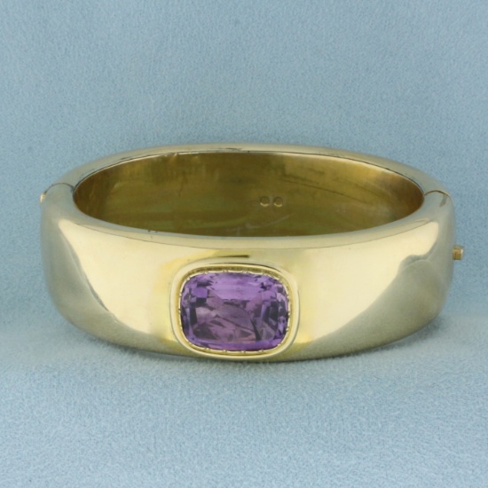 Vintage Amethyst Wide Hinged Bangle Bracelet In 14k Yellow Gold