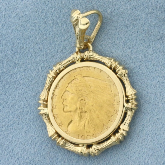 Bamboo Frame 1909 Indian Head 2 1/2 Dollar Gold Coin Pendant