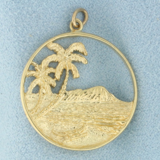 Hawaii Palm Tree Volcano Reversable Pendant Or Charm In 14k Yellow Gold