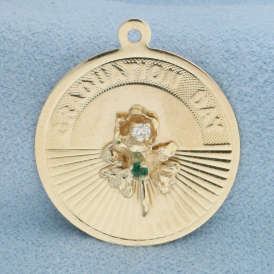 Engravable Graduation Day Diamond And Emerald Charm In 14k Yellow Gold