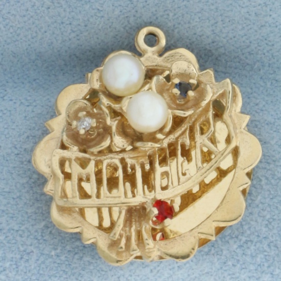 Mother Pearl, Ruby, Sapphire, And Diamond Charm In 14k Yellow Gold