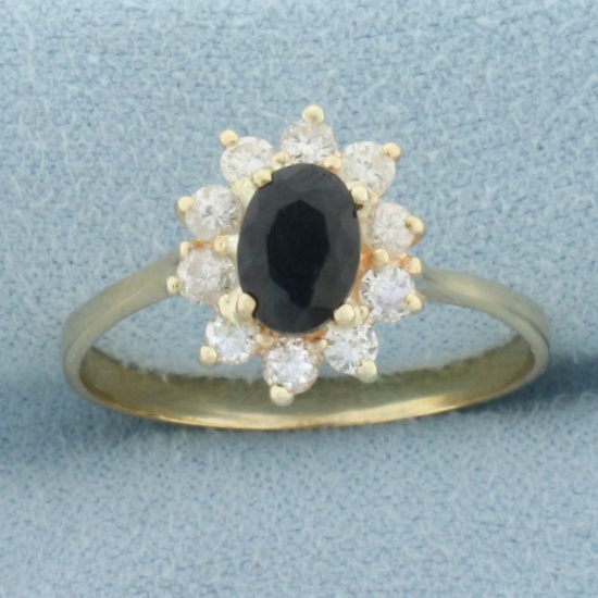 Sapphire And Diamond Flower Halo Ring In 14k Yellow Gold