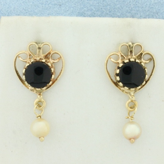 Vintage Onyx And Pearl Heart Dangle Earrings In 14k Yellow Gold