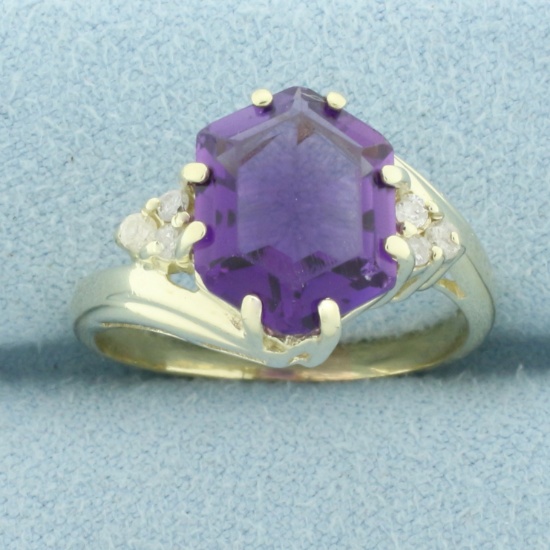 Vintage Hexagon Amethyst And Diamond Ring In 10k White Gold