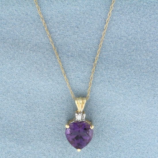 Amethyst Heart And Diamond Necklace In 14k Yellow Gold