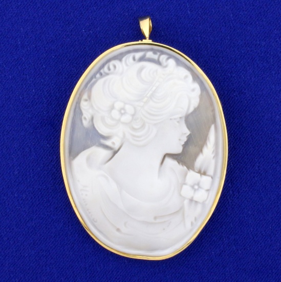 Vintage Hand Carved Shell Cameo Pin Or Pendant In 18k Yellow Gold