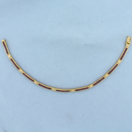 Ruby And Diamond Line Tennis Bracelet In 18k Yellow Gold