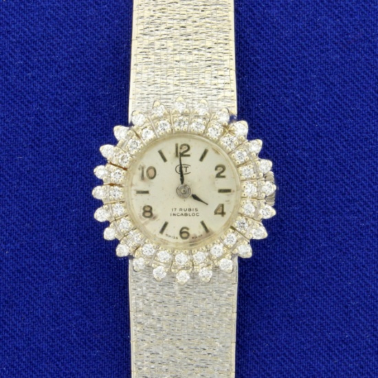 Vintage Womens 1960s Swiss Windup Diamond Watch In Solid 18k White Gold