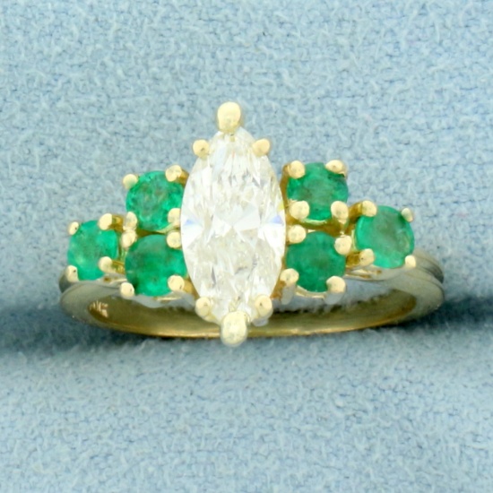 Vintage Marquise Diamond And Emerald Engagement Ring In 14k Yellow Gold