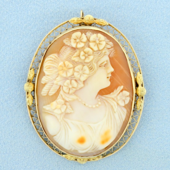 Large Vintage Hand Carved Shell Cameo Pendant Or Pin In 14k Yellow Gold