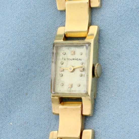 Womens Vintage Tourneau Wrist Watch In Solid 14k Yellow Gold