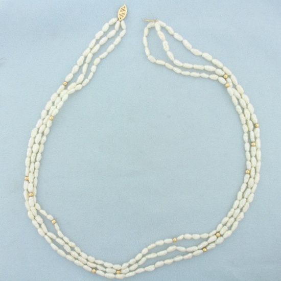 Triple Strand Baroque Pearl And Gold Bead Necklace In 14k Yellow Gold