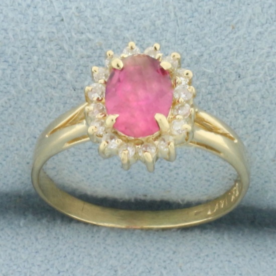 Morganite And Diamond Halo Princess Diana Ring In 14k Yellow Gold