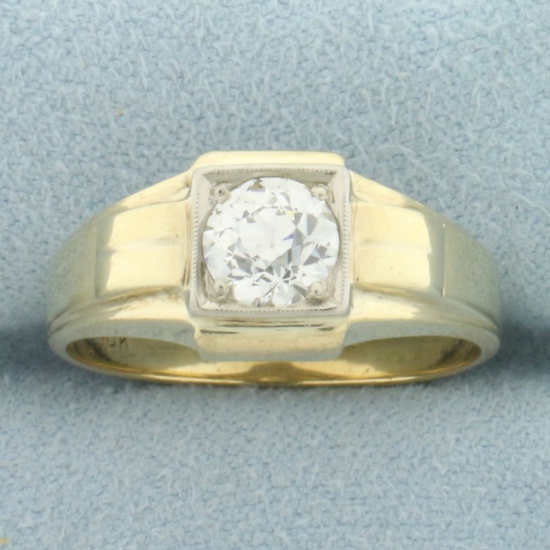 Mens Antique Old European Diamond Solitaire Ring In 10k Yellow Gold
