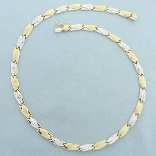17 Inch Two Tone Diamond Cut Designer Link Necklace In 14k Yellow And White Gold